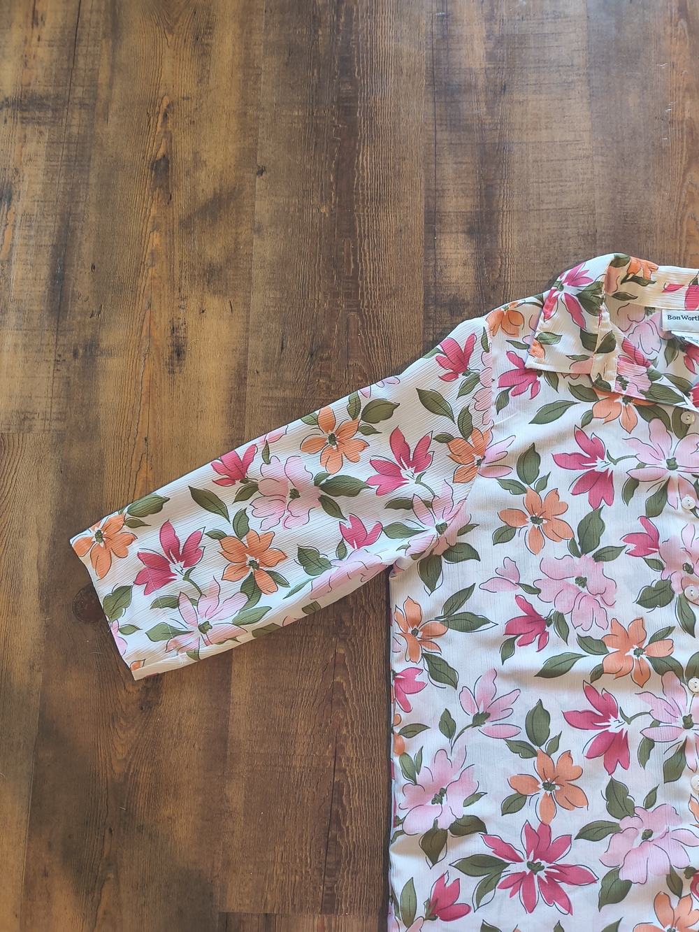 Bon Worth Multi Pink Orange Floral Collared Button-Down Blouse Office - Picture 5 of 8